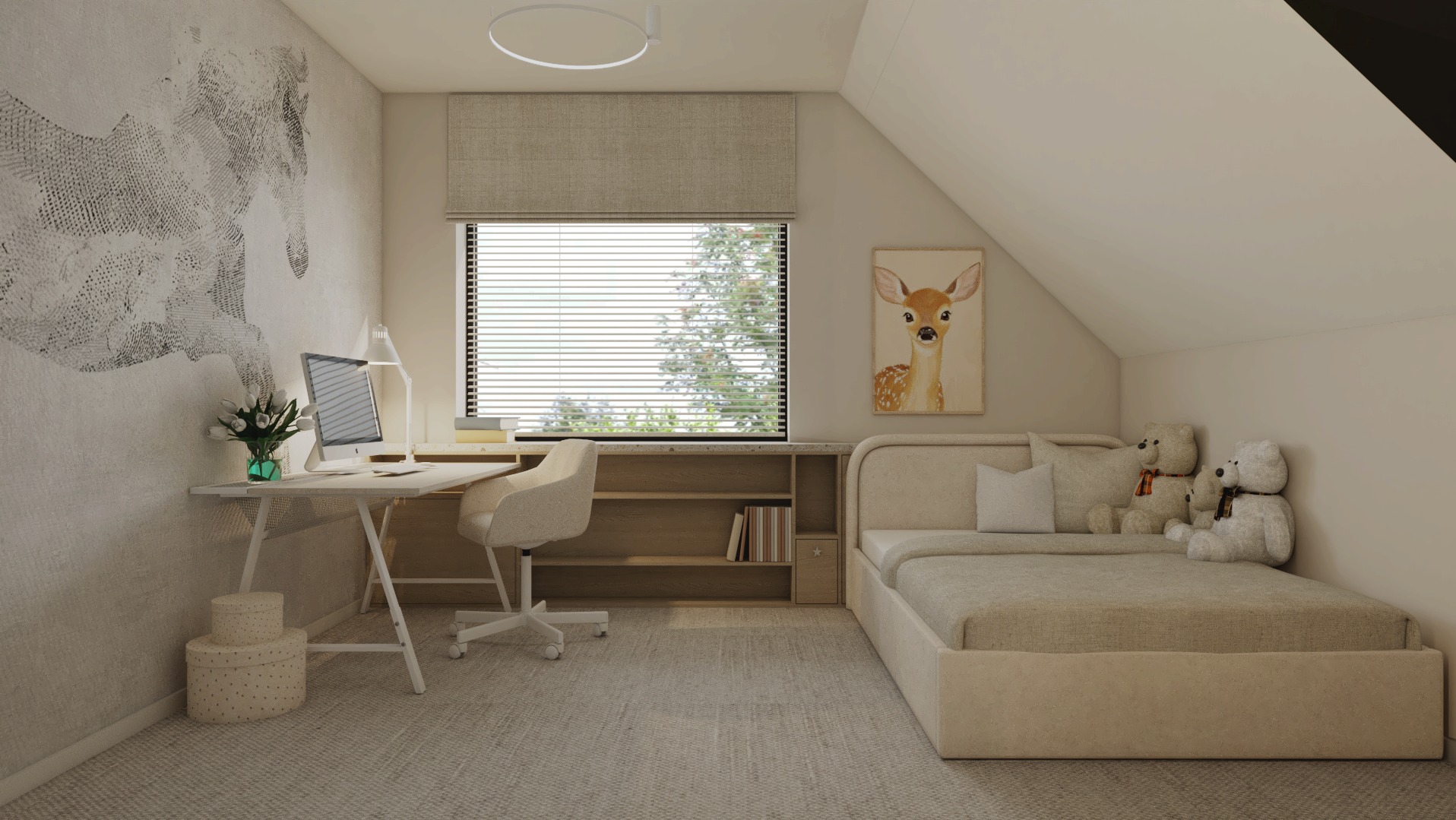 Pokój dziecięcy na poddaszu z biurkiem, łóżkiem i dekoracjami. Na ścianie grafika konia, na łóżku pluszowe misie. Neutralna kolorystyka, minimalistyczny styl.