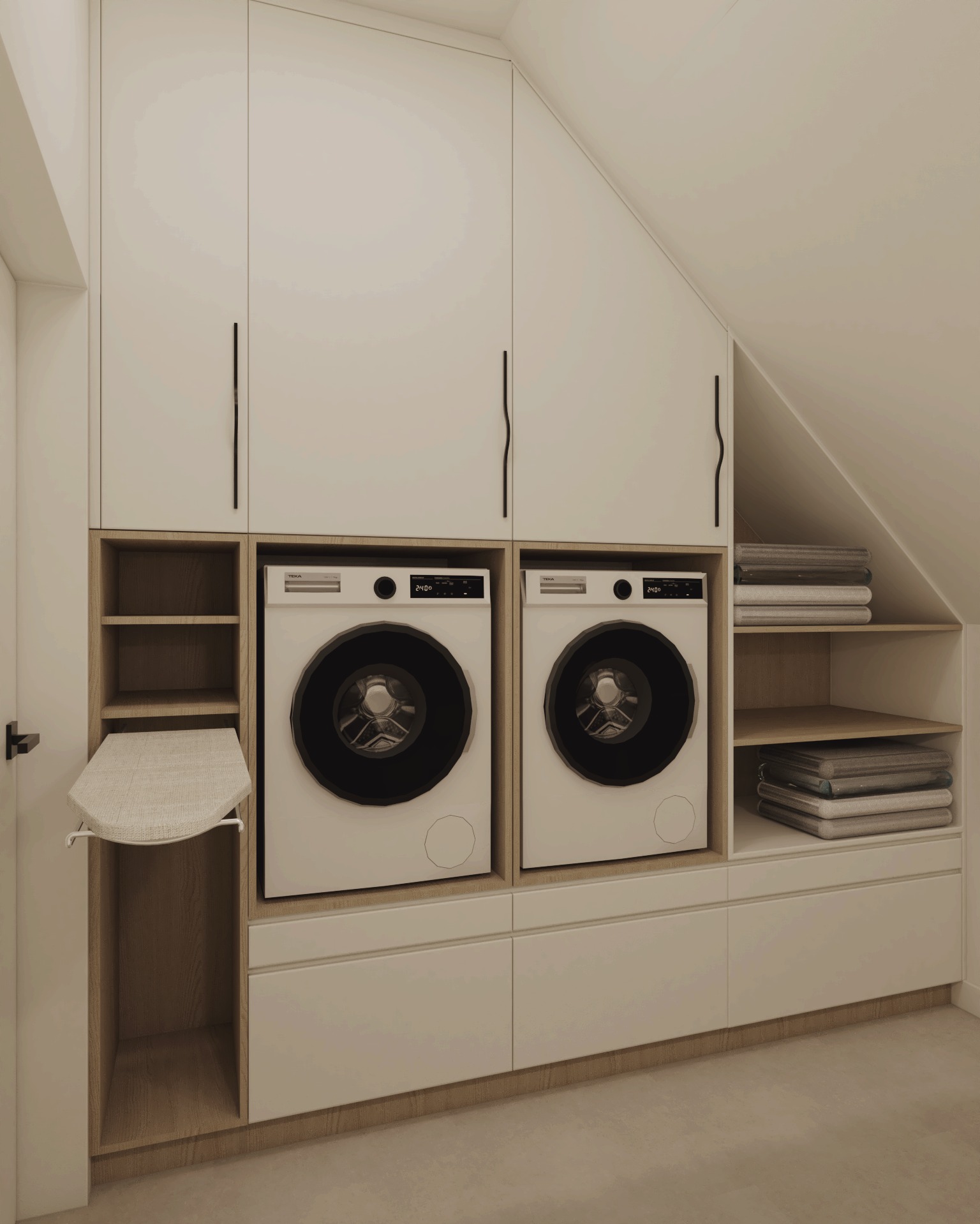 Projekt pralni w skosach: zabudowa meblowa z dwiema pralkami, szafkami i deską do prasowania. Minimalistyczny design, jasne kolory, funkcjonalne rozwiązanie.