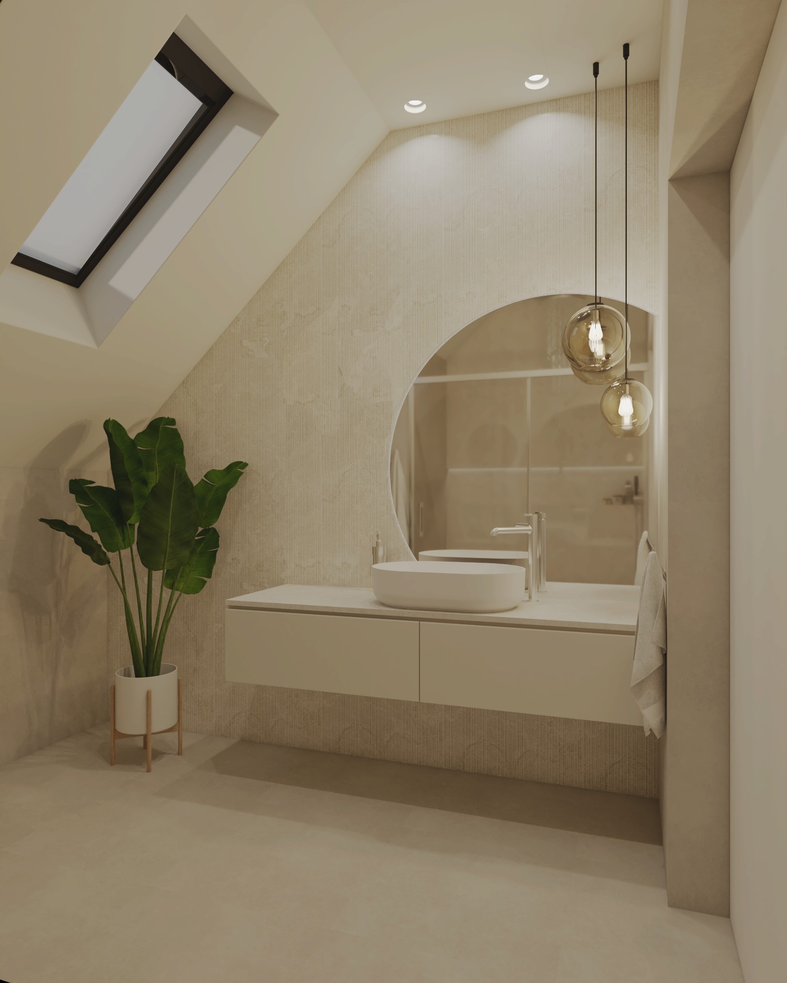 Jasna łazienka na poddaszu z owalnym lustrem, wiszącą szafką z umywalką, rośliną w doniczce i lampami wiszącymi. Widoczne okno dachowe i beżowa kolorystyka.