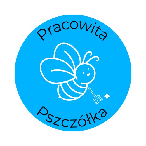 Niebieski okrągły logotyp z białą grafiką pszczoły trzymającej małą miotłę i napisem 'Pracowita Pszczółka'.