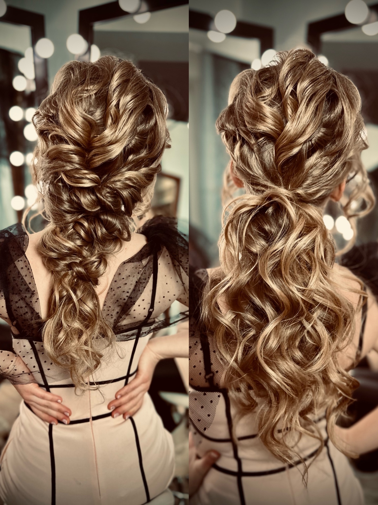Dwa ujęcia blond włosów upiętych w skomplikowane fryzury, widok z tyłu, z delikatnym warkoczem wplecionym w jedną z nich, na tle luster z oświetleniem.