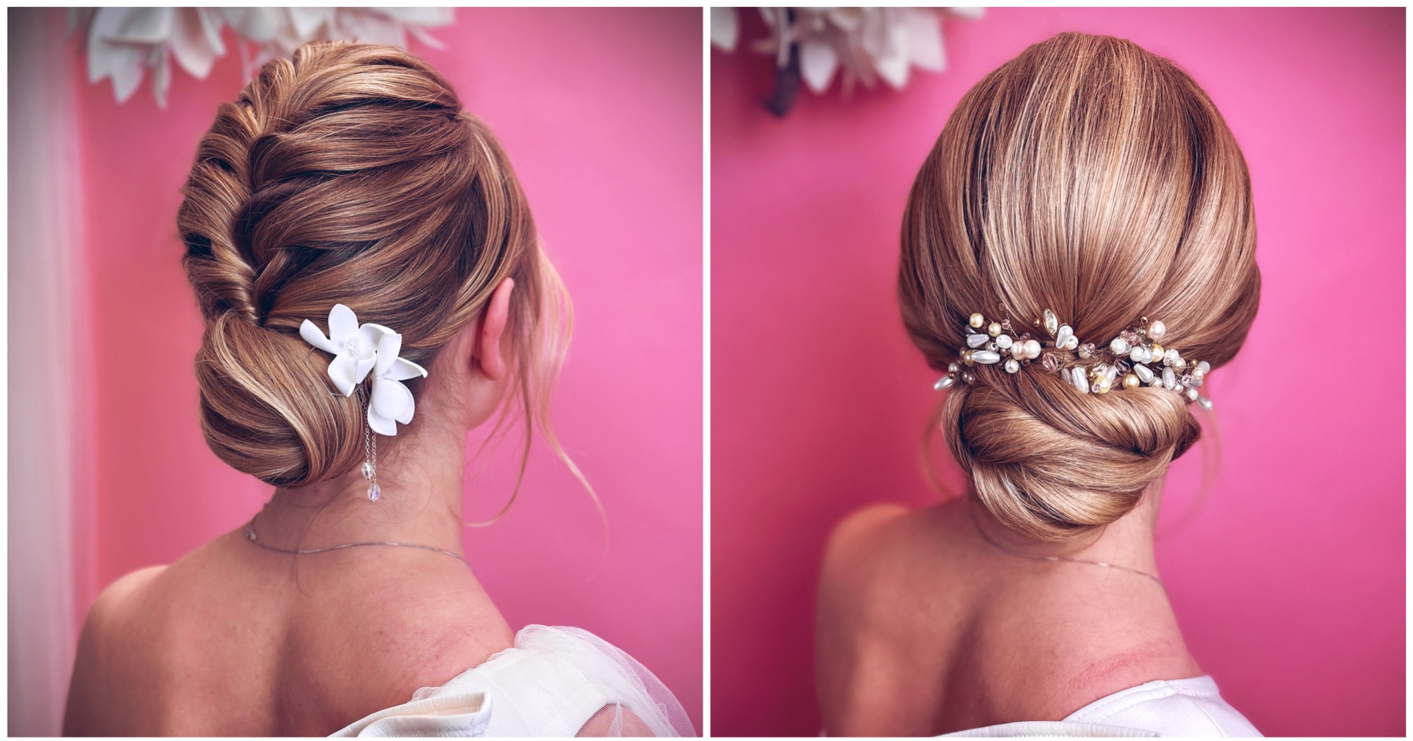 Elegancka fryzura upięta z tyłu głowy, ozdobiona kwiatem i perłami, na tle różowej ściany.
