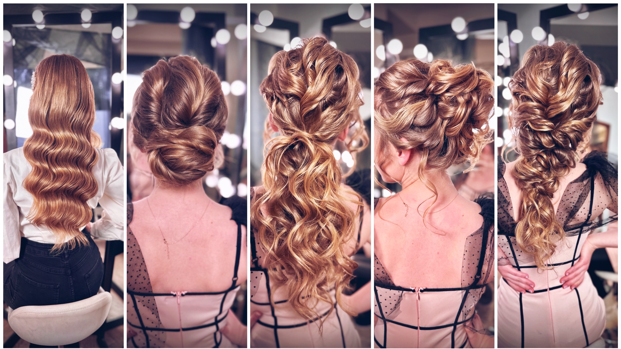 Kolaż pięciu zdjęć z tyłu głowy kobiety prezentujących różne upięcia włosów w odcieniach blondu i brązu, od luźnych fal po upięcia koków i kucyków, z oświetleniem studyjnym.