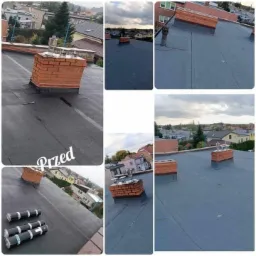 Kompozycja zdjęć dachu pokrytego papą termozgrzewalną z kominem z cegły, widoczne rolki papy i napis 'Przed' sugerujący stan przed naprawą.