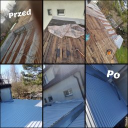 Łukasz Kuczewski - Montaż dachu z blachy trapezowej: widok przed, w trakcie i po. Różne etapy prac dekarskich, od starego, zardzewiałego pokrycia po nowe, srebrne blachy.