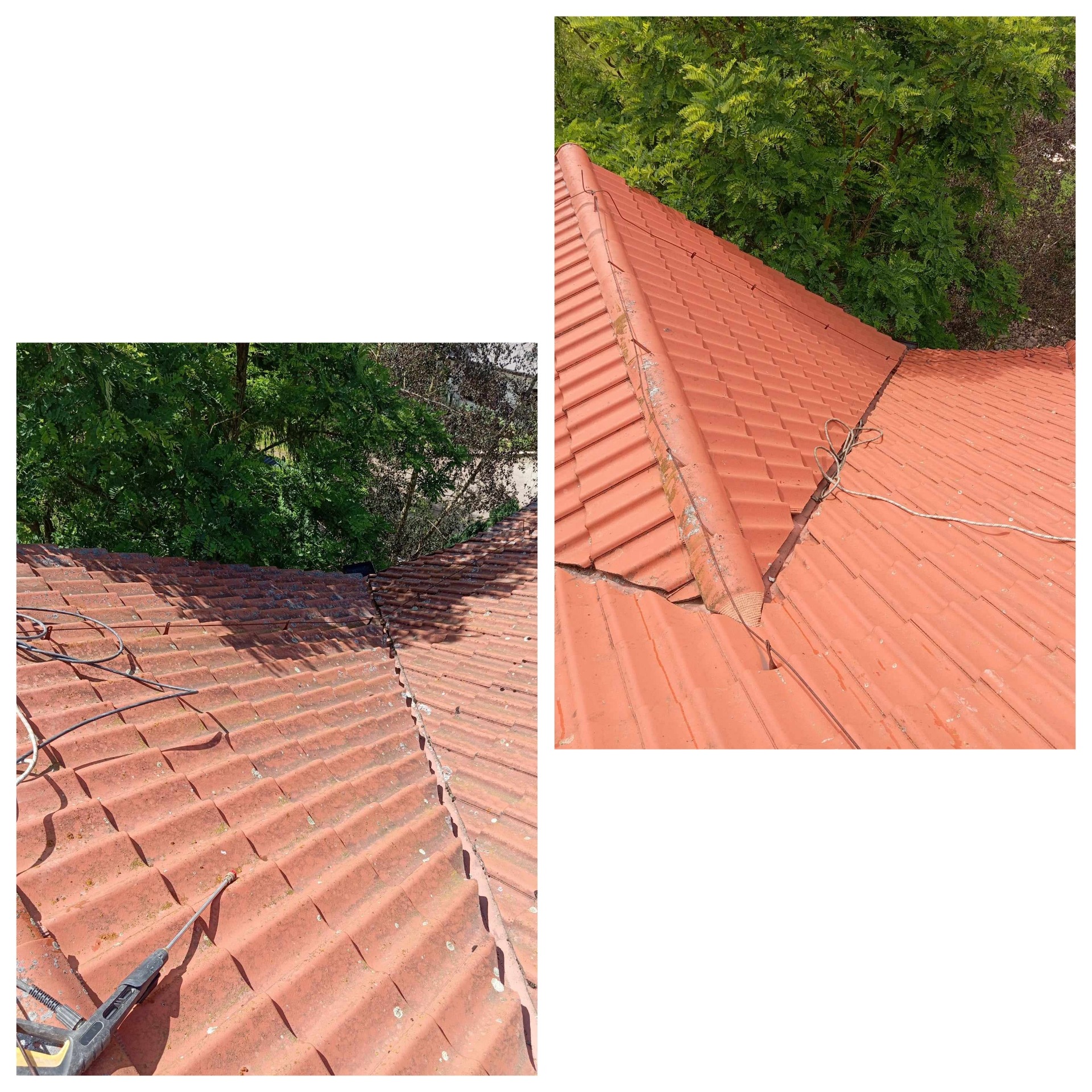 Dwa ujęcia czerwonej dachówki karpiówki, z lewej widok na czyszczenie myjką ciśnieniową, z prawej widoczne zabrudzenia i sznurki na dachu, w tle zieleń drzew.