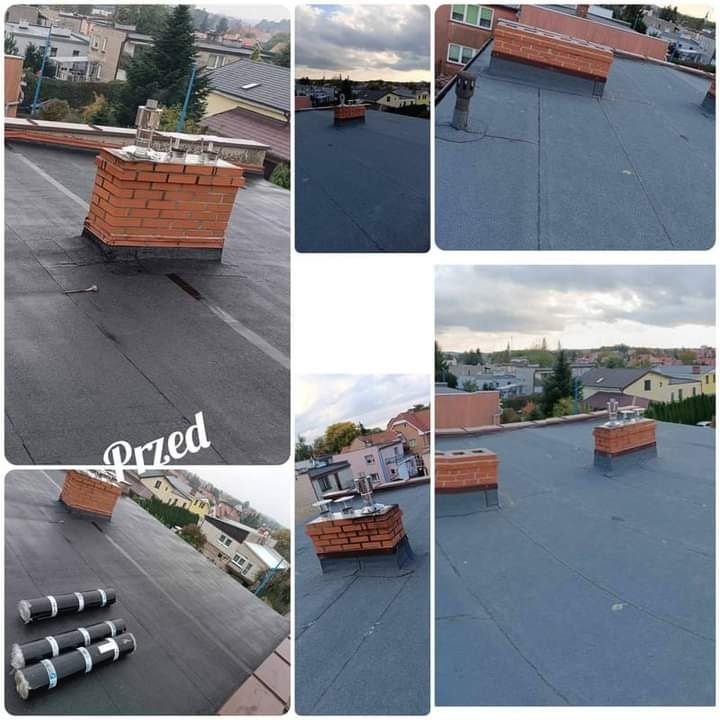 Kompozycja zdjęć dachu pokrytego papą termozgrzewalną z kominem z cegły, widoczne rolki papy i napis 'Przed' sugerujący stan przed naprawą.