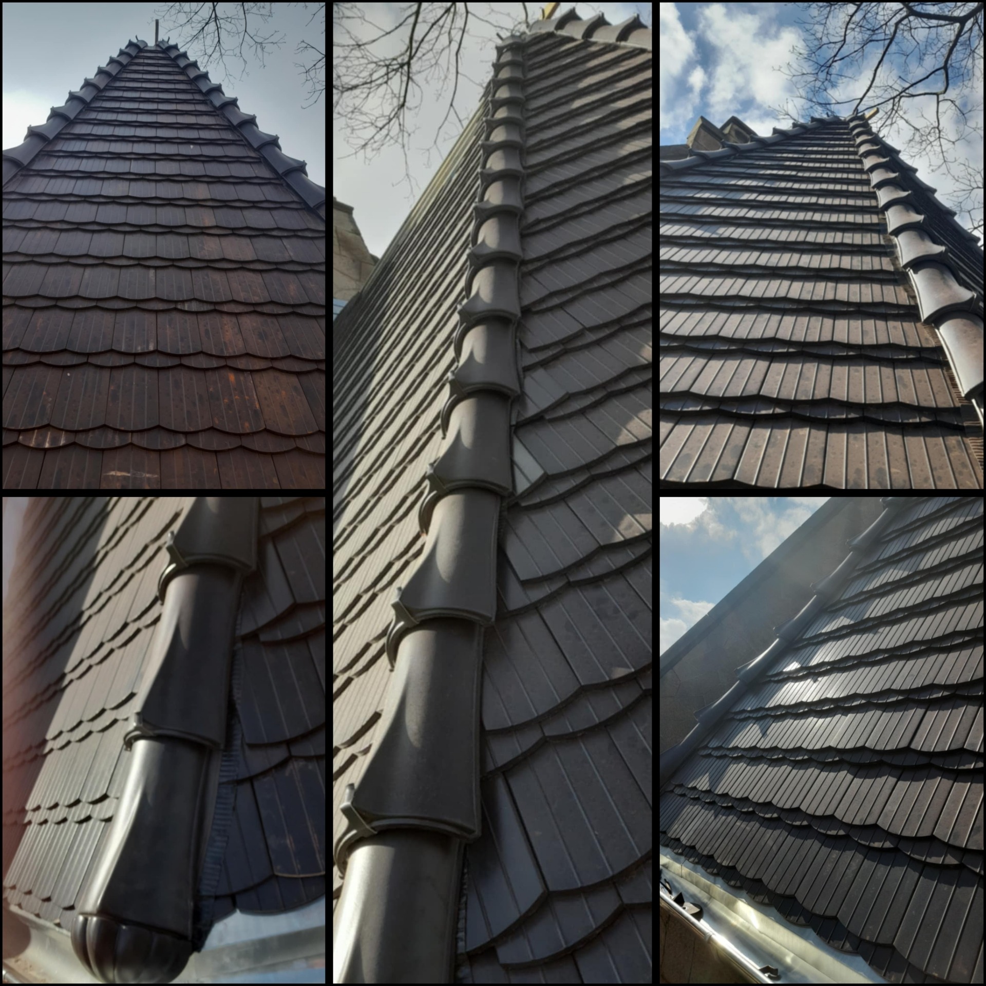 Kompozycja z trzech ujęć dachu krytego łuską ceramiczną w odcieniach brązu i grafitu, z widocznymi detalami orynnowania i fragmentami drzew na tle nieba.