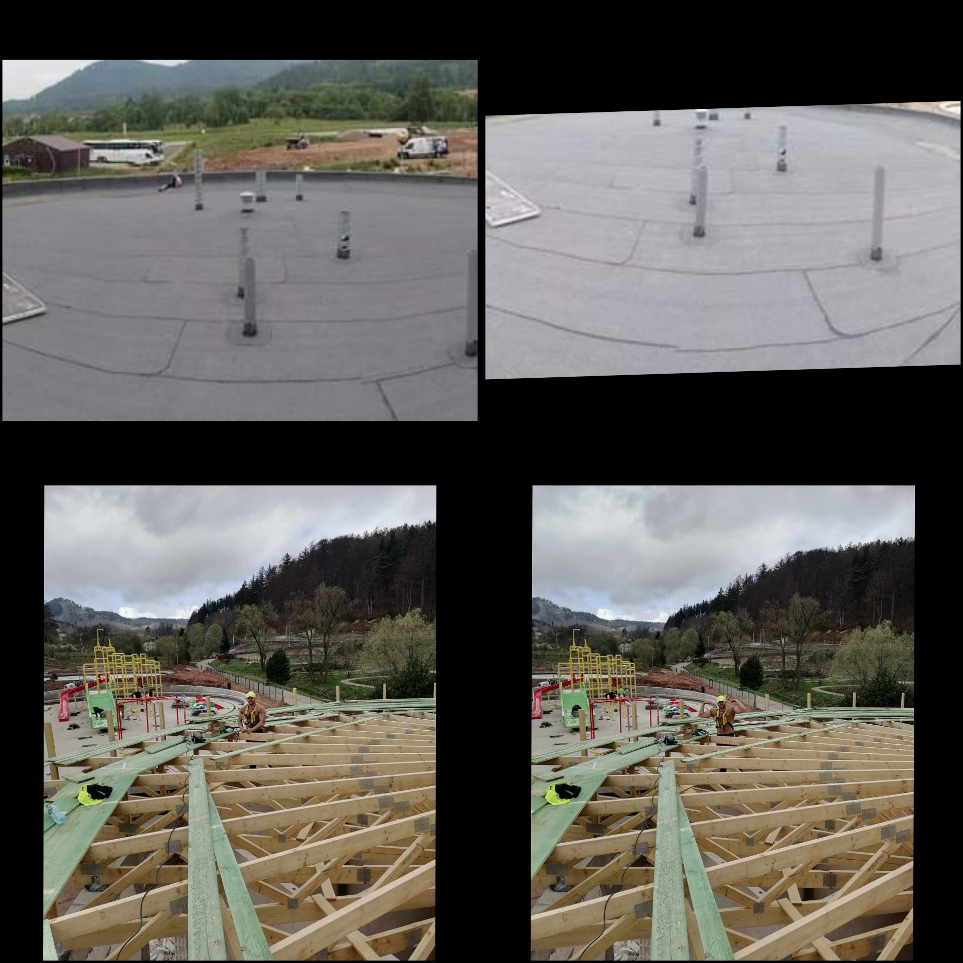 Montaż konstrukcji drewnianej dachu na tle górskiego krajobrazu. Widoczny pracownik w kasku i elementy konstrukcyjne. Praca w toku.