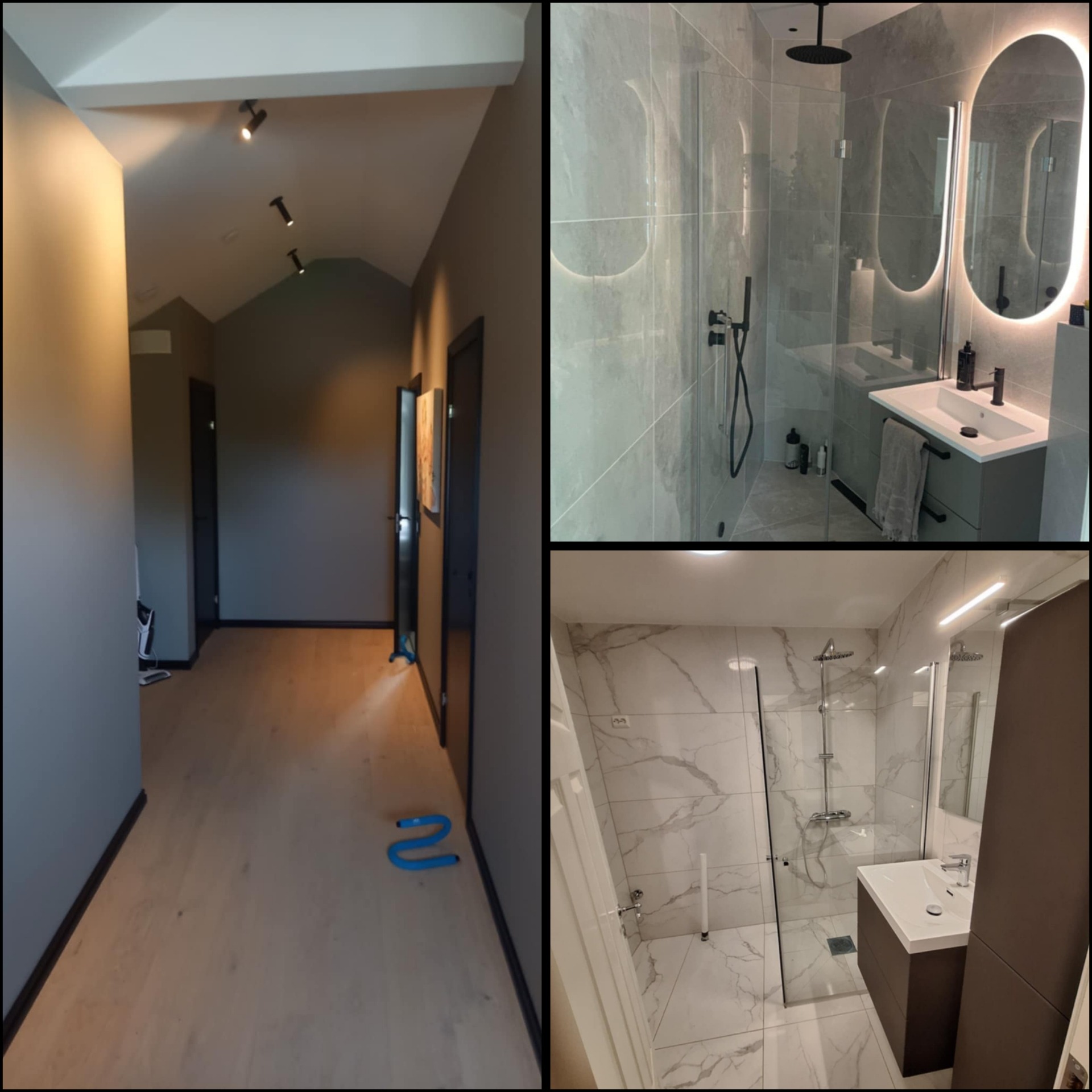 Nowoczesne łazienki z kabinami prysznicowymi typu walk-in, wykończone w szarościach i bieli, widoczne z perspektywy korytarza z oświetleniem punktowym.