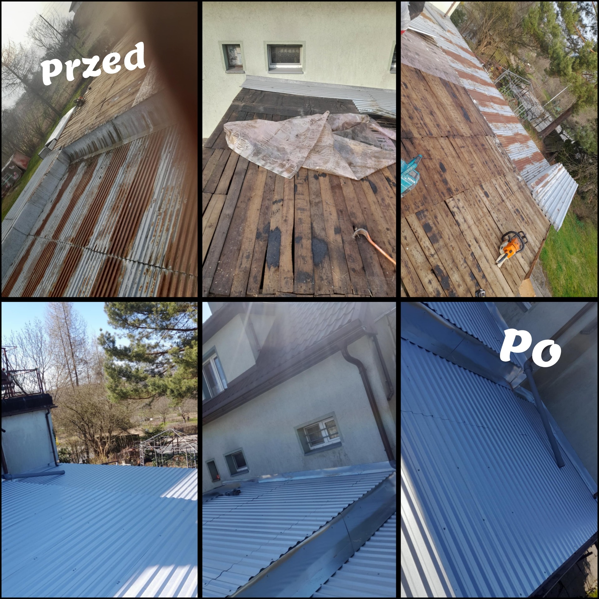 Montaż dachu z blachy trapezowej: widok przed, w trakcie i po. Różne etapy prac dekarskich, od starego, zardzewiałego pokrycia po nowe, srebrne blachy.