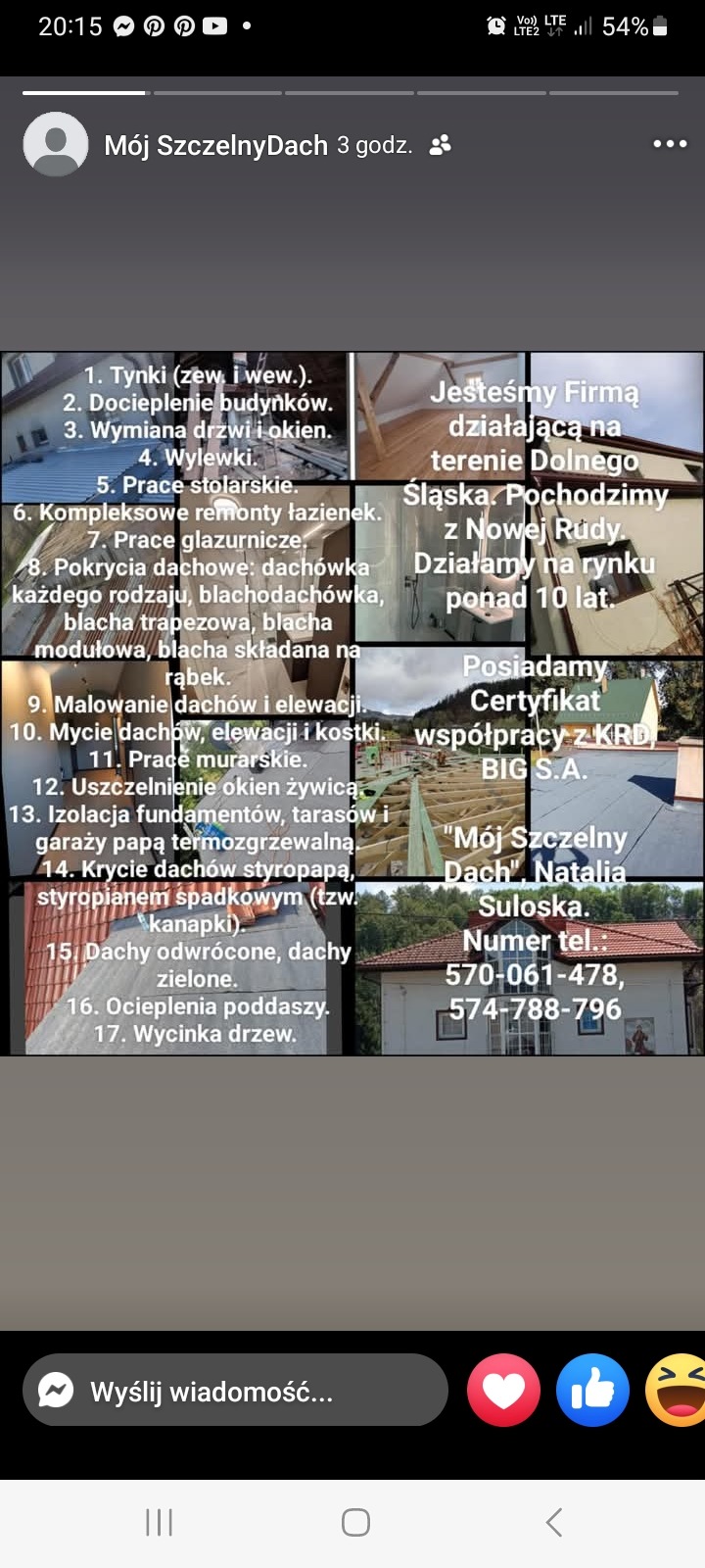 Zrzut ekranu z Facebooka firmy dekarskiej 'Mój Szczelny Dach' z ofertą usług: krycie, malowanie, mycie dachów i elewacji, ocieplanie poddaszy oraz izolacje.