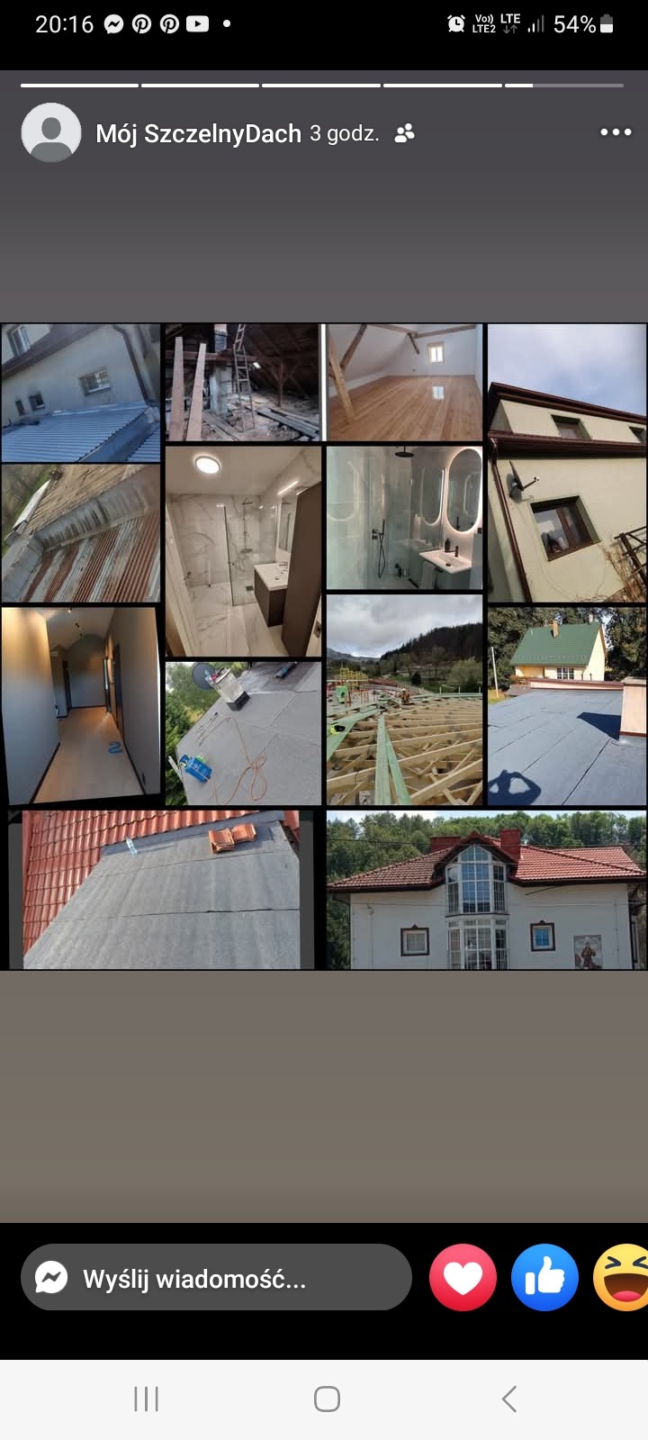 Mozaika zdjęć z różnymi realizacjami firmy dekarskiej: dachy płaskie, skośne, poddasza, łazienki. Prezentacja portfolio firmy 'Mój Szczelny Dach'.