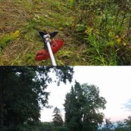 Czerwona kosa spalinowa leżąca na skoszonej trawie z żółtymi kwiatami, w tle widoczne drzewa i zabudowania.