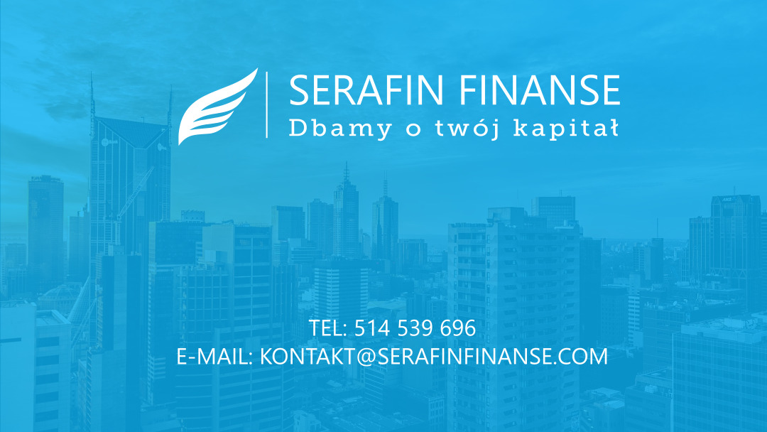 Logo firmy Serafin Finanse z symbolem skrzydła na tle panoramy miasta w odcieniach błękitu, zawierające dane kontaktowe: numer telefonu i adres e-mail.