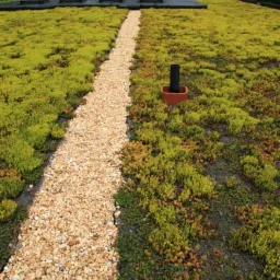 Ekstensywny zielony dach z ścieżką z jasnych kamieni, widoczne świetliki dachowe i element systemu odwodnienia.