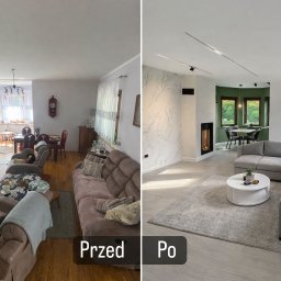 ASBUD ANDRZEJ SYTKO - Zdjęcie 'przed i po' prezentujące metamorfozę salonu: od klasycznego wystroju z drewnianą podłogą do nowoczesnego wnętrza z jasnymi ścianami i minimalistycznym kominkiem.
