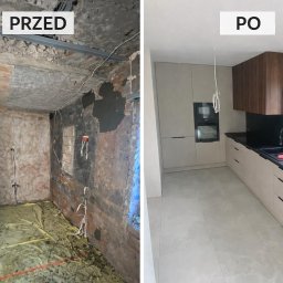 ASBUD ANDRZEJ SYTKO - Remont kuchni: widok przed i po. Po lewej surowy stan z odsłoniętą cegłą, po prawej nowoczesna zabudowa kuchenna z szarymi szafkami i czarnym blatem.