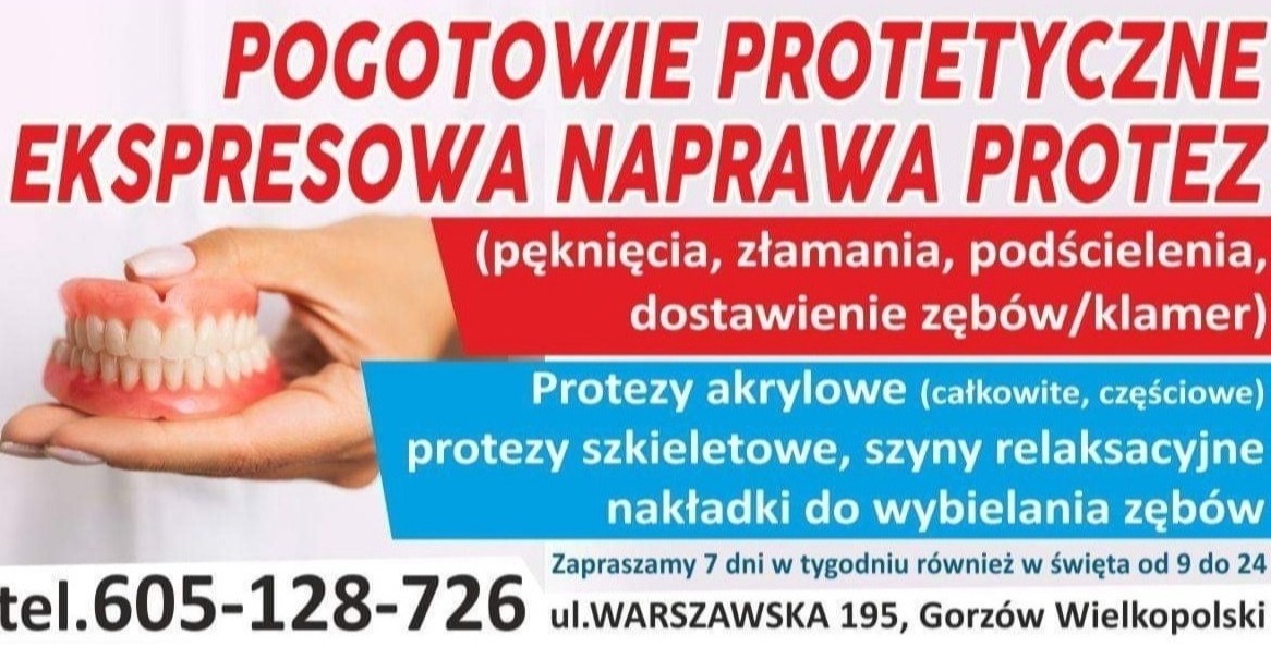 Reklama pogotowia protetycznego z ekspresową naprawą protez, prezentująca protezę dentystyczną trzymaną w dłoni, z informacjami o protezach akrylowych i szkieletowych oraz numerem telefonu...