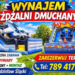 Nadmuchani - Dwie kolorowe zjeżdżalnie: jedna w kształcie myśliwca, druga z motywem wyścigowym. Reklama wynajmu z hasłami: bezpieczna zabawa, duże wymiary, transport i montaż.