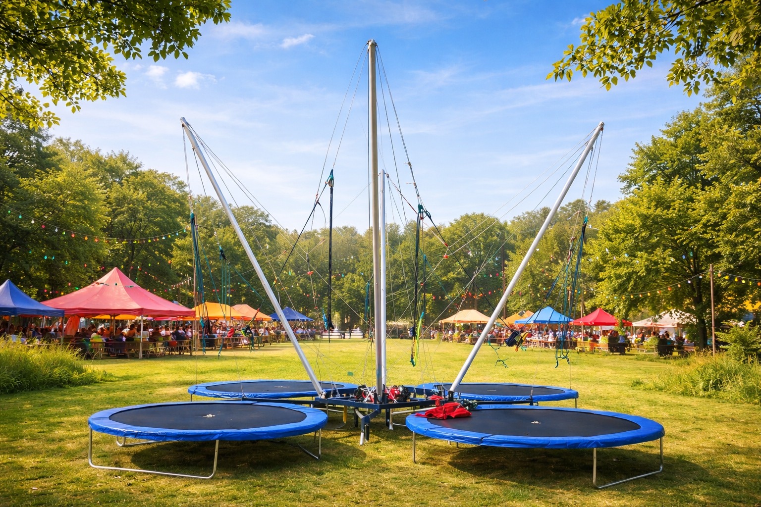 Cztery okrągłe trampoliny bungee na zielonej trawie, w tle kolorowe namioty i drzewa, tworzące plenerową strefę rozrywki.