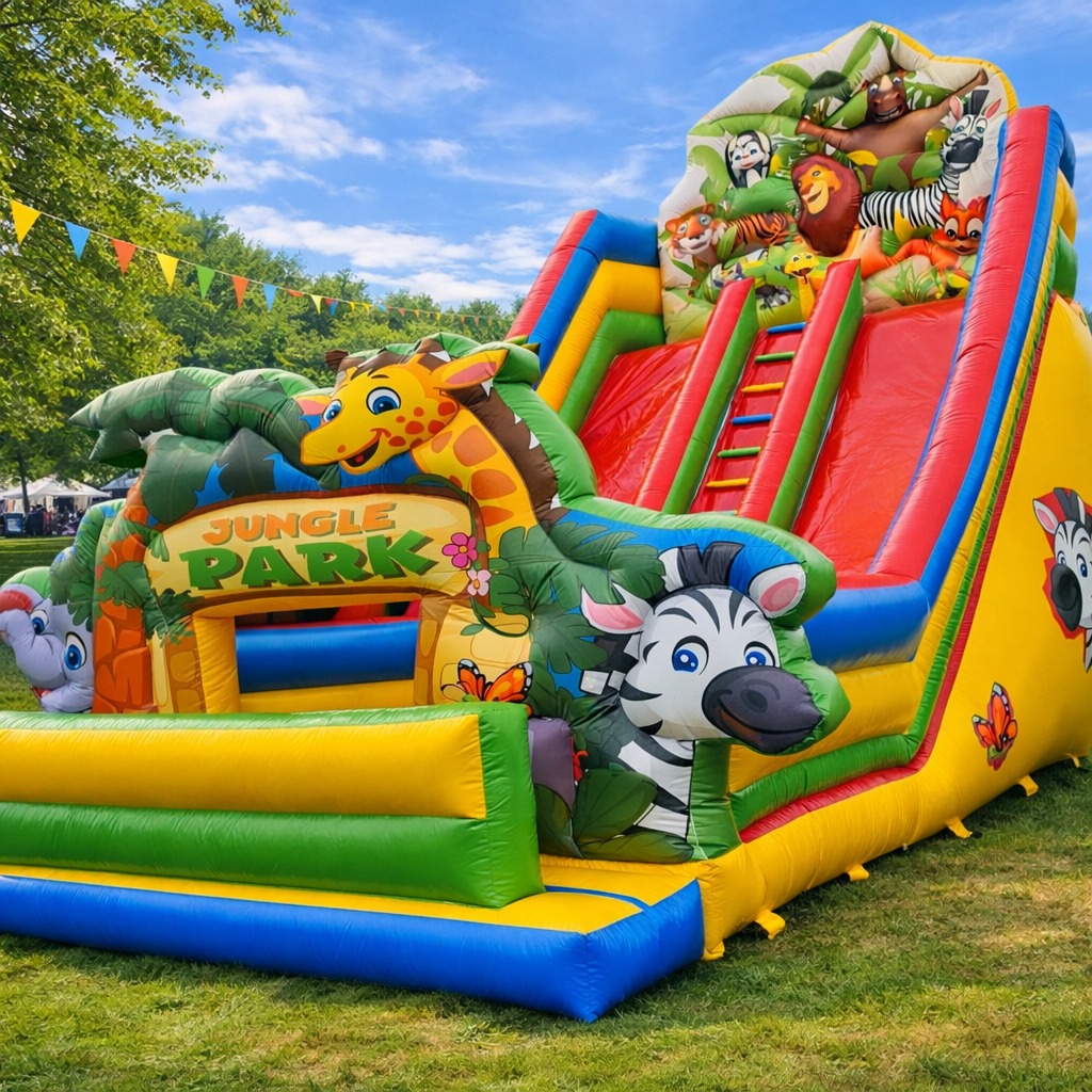 Kolorowy, dmuchany zamek ze zjeżdżalnią w stylu dżungli, z motywami zwierząt i napisem 'Jungle Park', ustawiony na trawie, idealny na imprezy plenerowe.