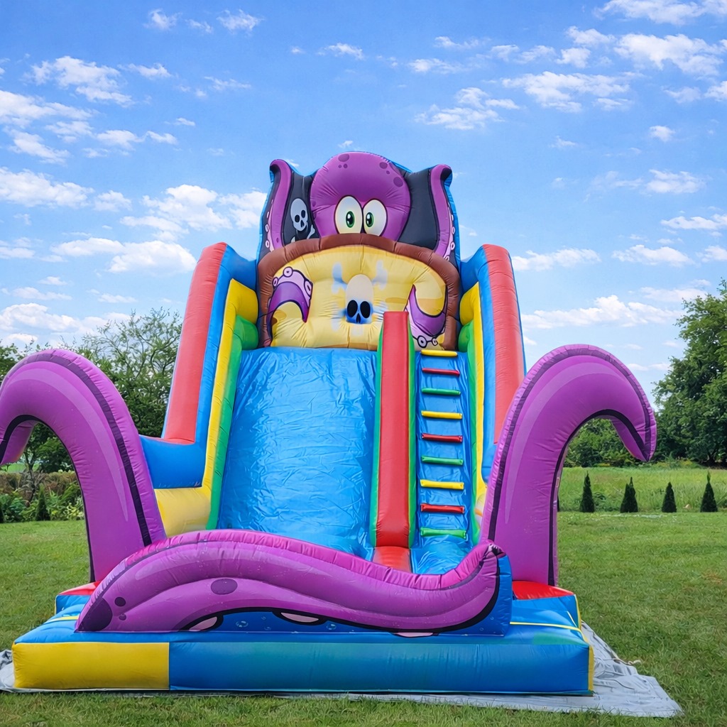 Kolorowy, nadmuchiwany zamek w kształcie ośmiornicy z elementami pirackimi na trawie, idealny na imprezy plenerowe. Widoczne niebo z chmurami w tle.