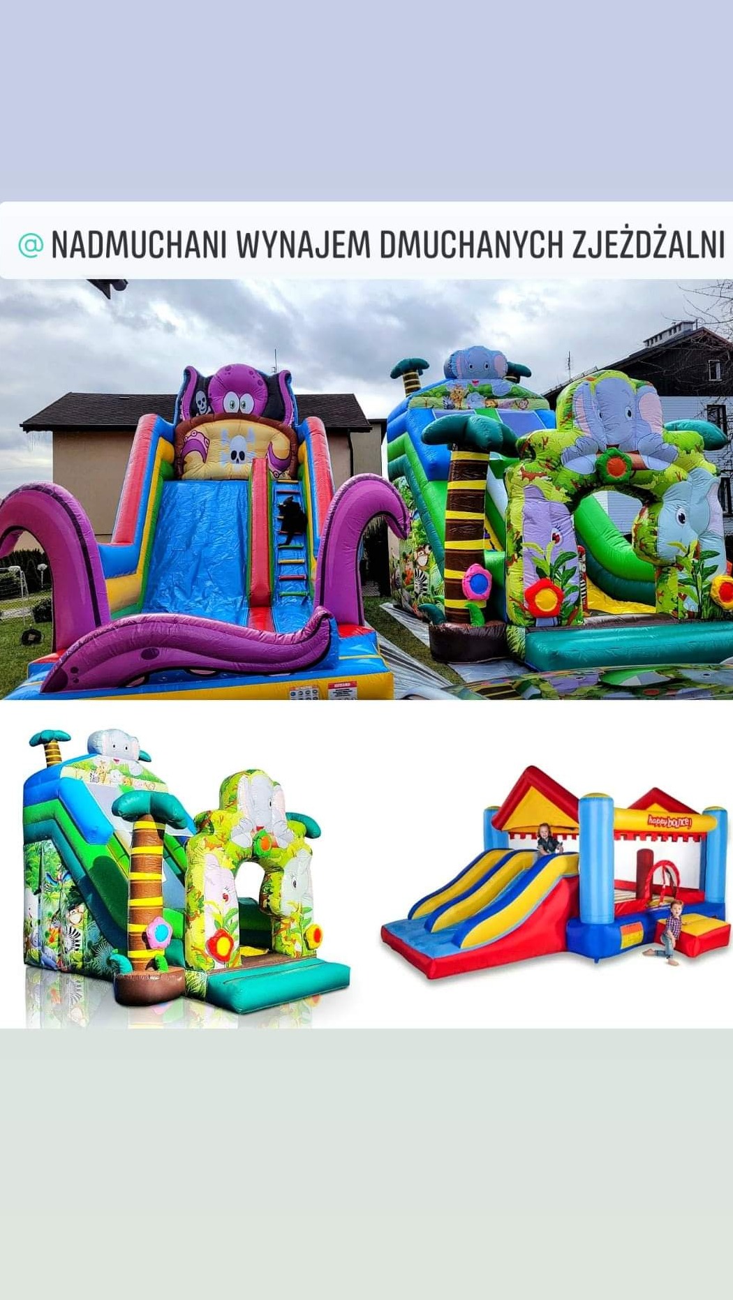 Zestaw czterech różnych kolorowych, dmuchanych zamków i zjeżdżalni dla dzieci, ustawionych na zewnątrz, z motywami zwierzęcymi i postaciami z bajek.