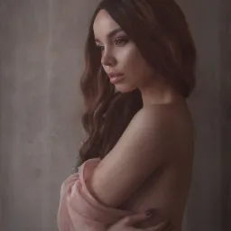 Portret kobiety z długimi falowanymi włosami, owiniętej w delikatny, różowy materiał, na tle teksturowanej ściany w odcieniach szarości.