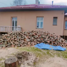 Stos pociętych klocków drewna przed beżowym domem z czerwoną dachówką, przykryty częściowo niebieską plandeką, z widocznymi śladami po cięciu i pniem drzewa obok.