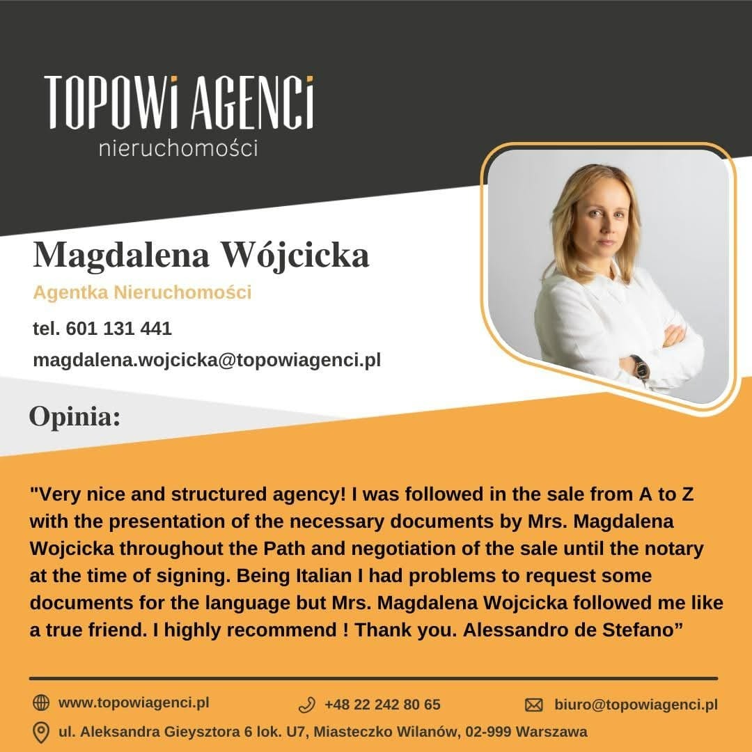 Folder reklamowy agencji nieruchomości Topowi Agenci z opinią klienta Alessandro de Stefano o agentce Magdalenie Wójcickiej, jej zdjęciem, danymi kontaktowymi i adresem biura.