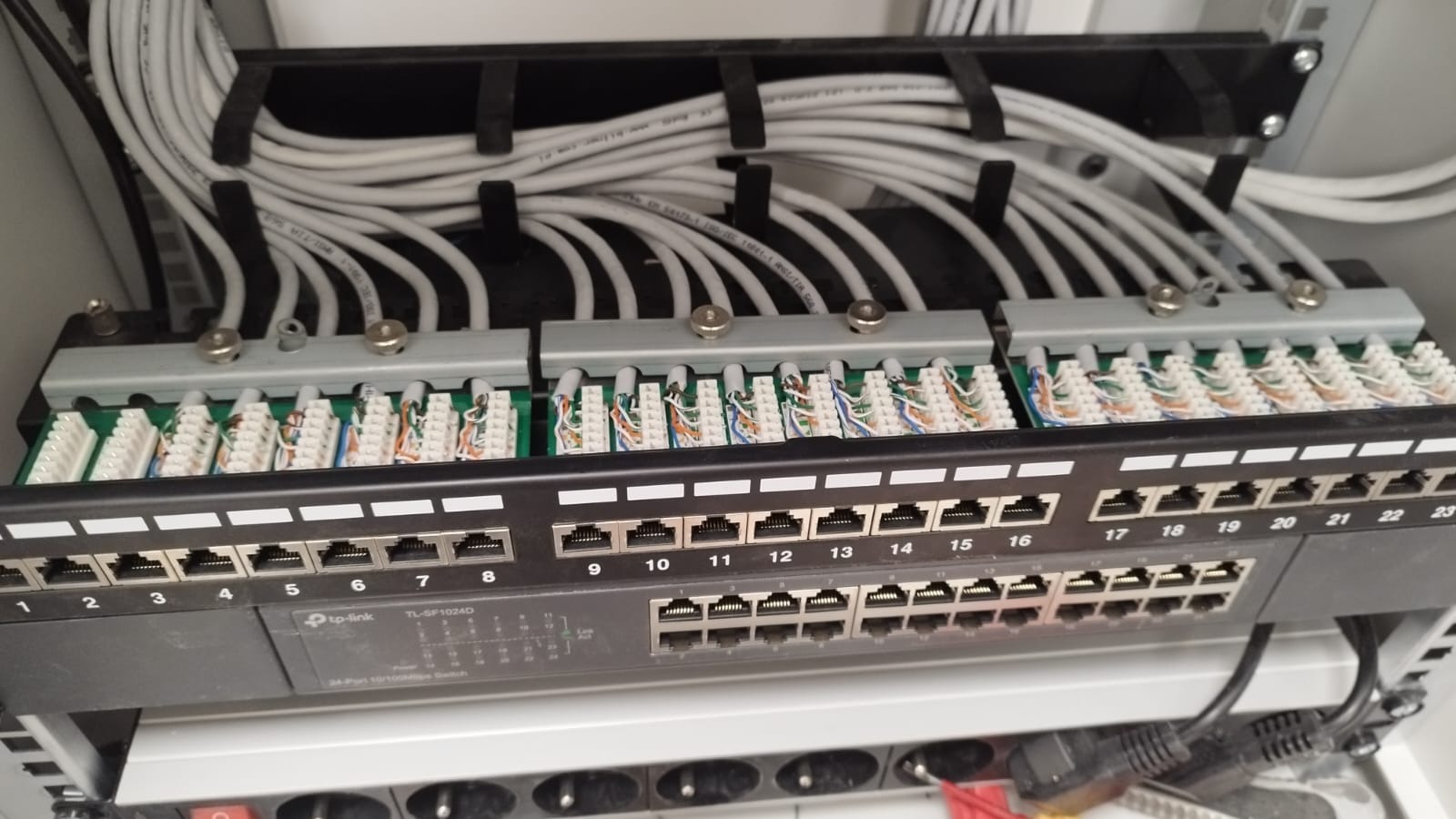 Panel krosowniczy z podłączonymi kablami sieciowymi, widoczny switch TP-Link TL-SF1024D, starannie ułożone przewody w korytku.