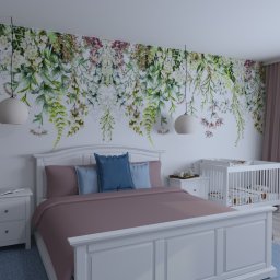 Romantyczna sypialnia:
Wizualizacja z projektu sporej sypialni z garderobą i strefą dla niemowlaka.