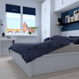 Baltic:
Sypialnia w morskim błękicie i maksymalne wykorzystanie przestrzeni. Powierzchnia sypialni to 12 m2. Koszt aranżacji to 11tys. zł (z panelami podłogowymi i wyposażeniem szafy).