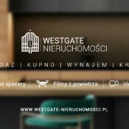 Logo Westgate Nieruchomości z Leszna na tle nowoczesnej kuchni. Oferta: sprzedaż, kupno, wynajem, kredyty. Wirtualne spacery i filmy z powietrza.