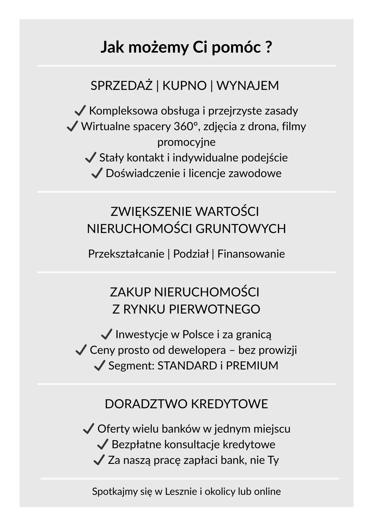 Infografika oferująca kompleksowe usługi: sprzedaż, kupno, wynajem, doradztwo kredytowe, inwestycje w nieruchomości. Zawiera hasła i benefity.