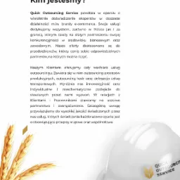 Grafika reklamowa firmy Quick Outsourcing Service z tekstem informacyjnym o ofercie, logo firmy w prawym górnym rogu i stylizowanymi kłosami zboża w lewym dolnym rogu, oraz wizualizacja kasku...