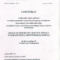 Skan Certyfikatu Marszałka Wojew&oacute;dztwa Wielkopolskiego potwierdzającego wpis do rejestru podmiot&oacute;w prowadzących agencje zatrudnienia dla Quick Outsourcing Service Sp&oacute;łka z Ograniczoną...