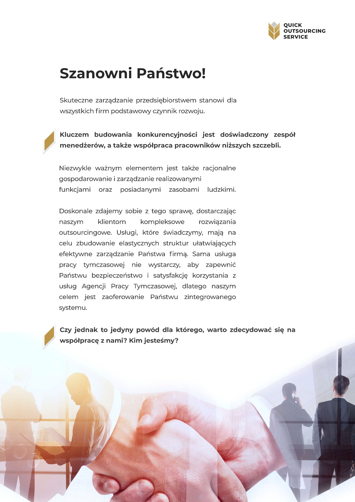 Grafika reklamowa firmy oferującej usługi dla biznesu: uścisk dłoni na pierwszym planie, w tle sylwetki pracowników biurowych i tekst o zarządzaniu przedsiębiorstwem.