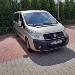 Beżowy van marki Fiat z polską tablicą rejestracyjną SJ 78397 zaparkowany na kostce brukowej przed zielonymi tujami w słoneczny dzień.