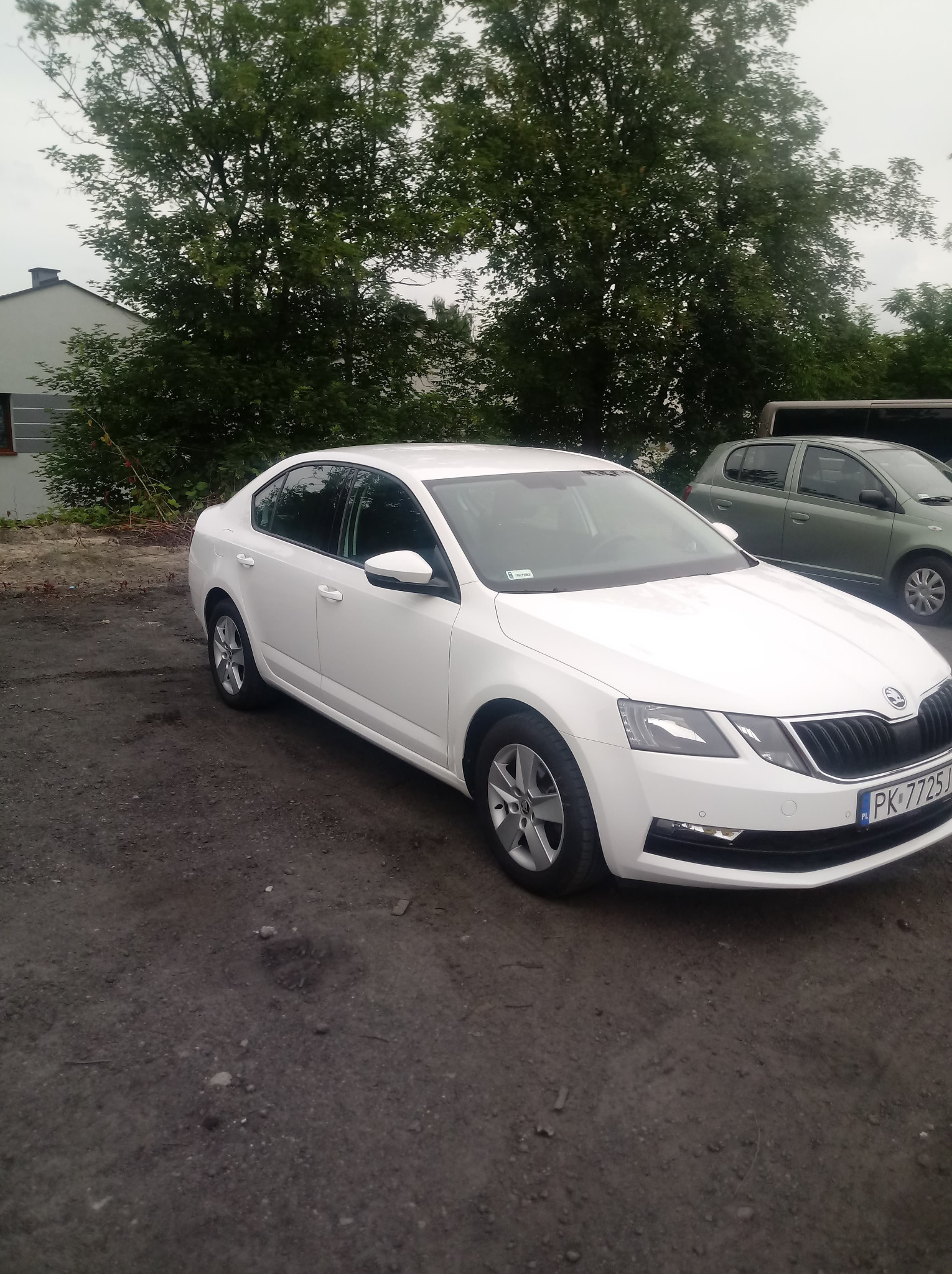 Biała Skoda Octavia zaparkowana na szutrowym parkingu przed budynkiem i drzewami.