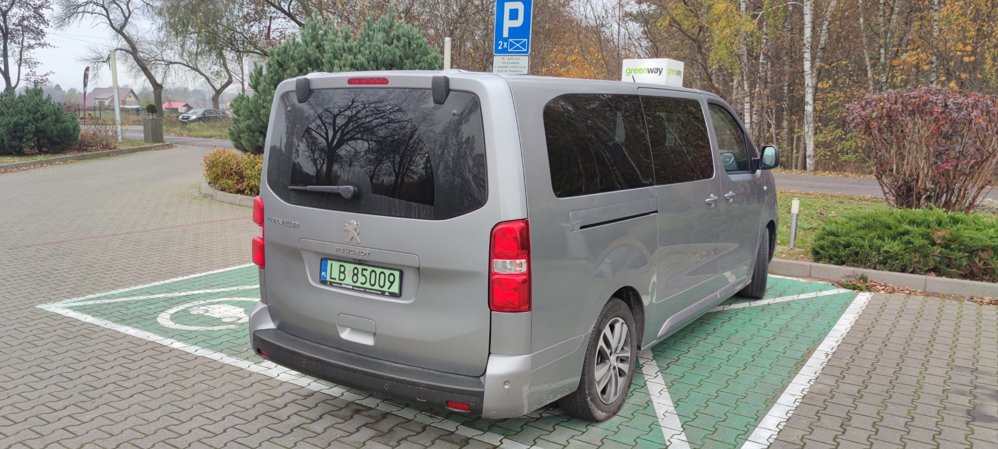 Srebrny bus Peugeot zaparkowany na oznaczonym miejscu postojowym z zielonymi liniami, tablica rejestracyjna LB 85009, w tle drzewa i budynki.