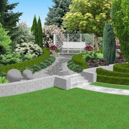 B.Green Projektowanie Zieleni Magdalena Chrostowska - Wizualizacja ogrodu z krętymi żywopłotami, kamienną ścieżką prowadzącą do białej ławki pod pergolą, zróżnicowaną roślinnością i dwoma szarymi kulami dekoracyjnymi.