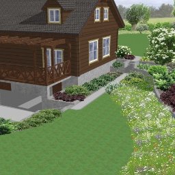 B.Green Projektowanie Zieleni Magdalena Chrostowska - Wizualizacja 3D zagospodarowania terenu wokół domu z drewnianą elewacją, ukazująca różnorodne nasadzenia roślin ozdobnych wzdłuż ścieżki i na skarpie, z widoczną pergolą przy budynku.