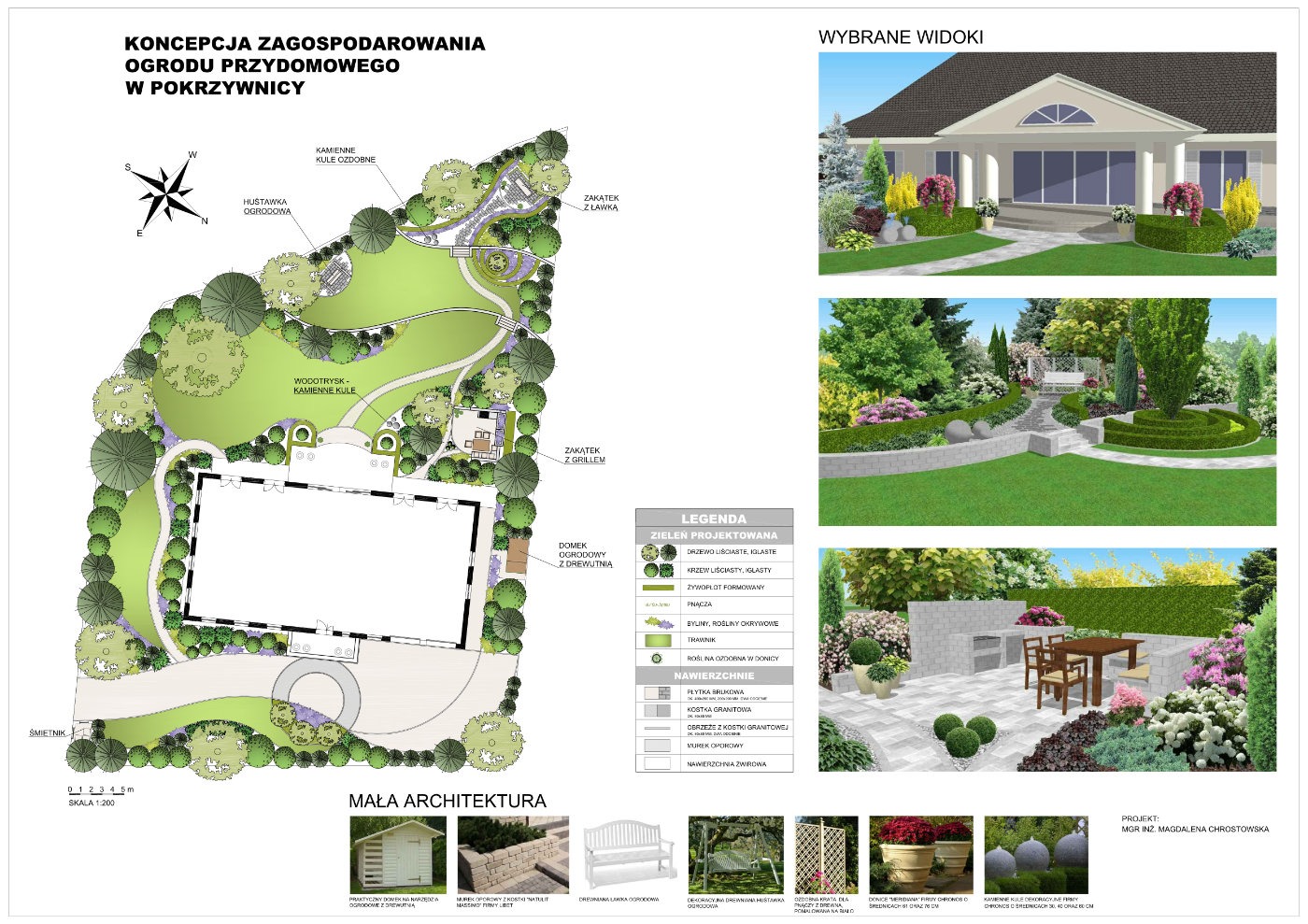 Projekt zagospodarowania ogrodu przydomowego w Pokrzywnicy, widok z góry z legendą oraz wizualizacje fragmentów ogrodu, w tym altana, grill, ławka, murki oporowe i roślinność.
