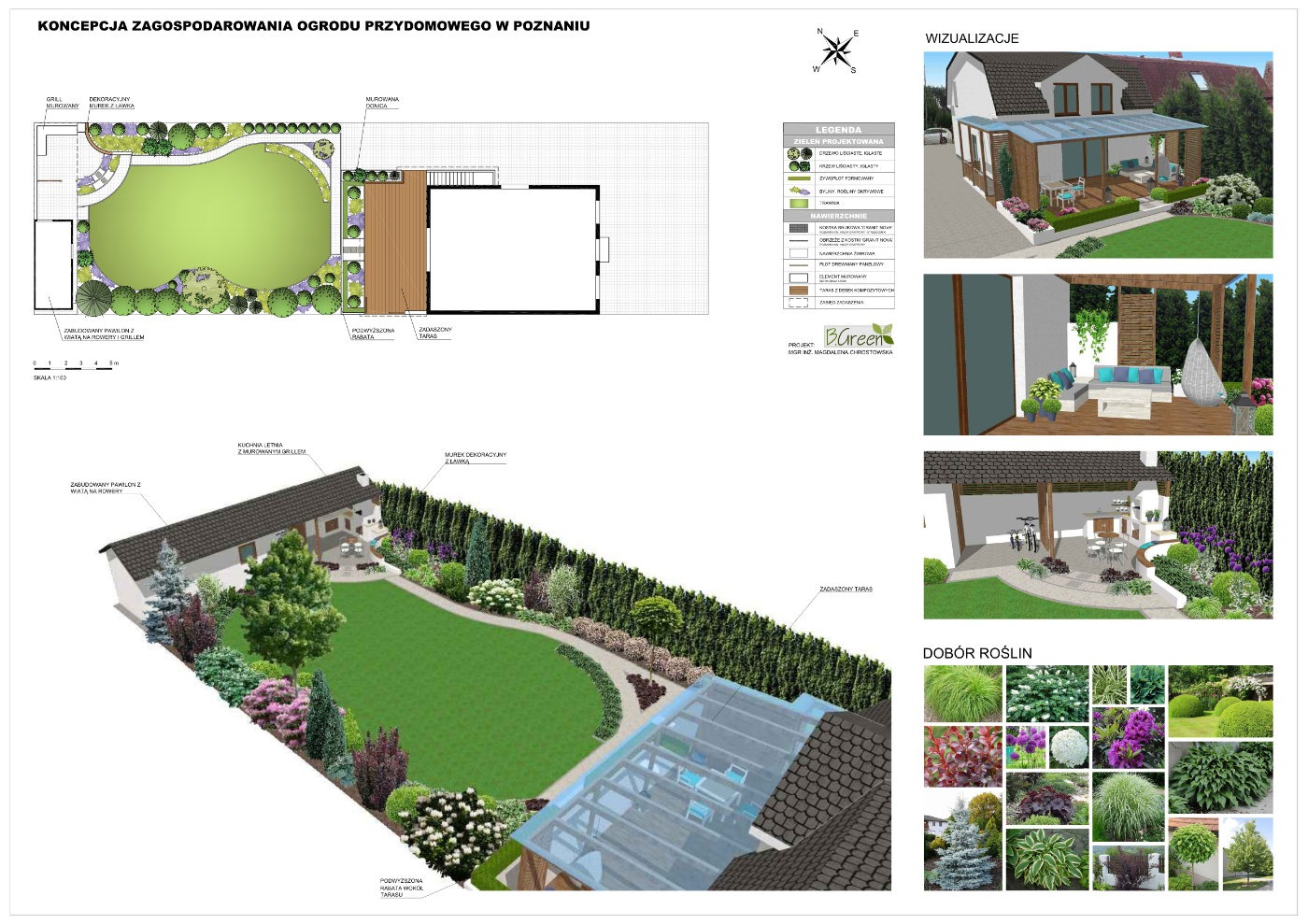 Koncepcja zagospodarowania ogrodu przydomowego w Poznaniu, zawierająca plan ogólny, wizualizacje 3D oraz dobór roślin, z uwzględnieniem elementów takich jak taras, pawilon z wiatą rowerową, kuchnia...