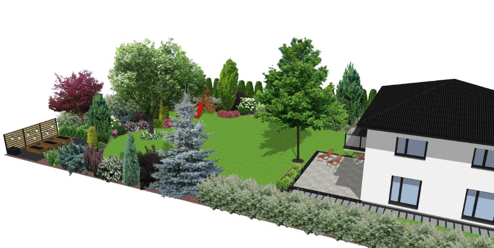 Wizualizacja ogrodu z domem, trawnikiem, drzewami, placem zabaw z czerwoną zjeżdżalnią, tarasem z meblami ogrodowymi i podwyższonymi grządkami warzywnymi z drewnianymi obudowami.