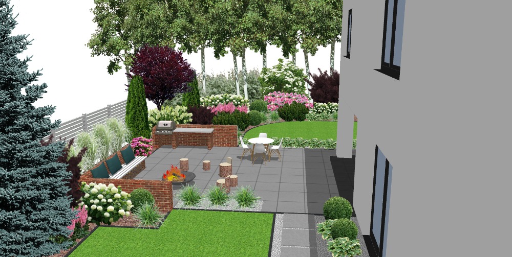 Wizualizacja projektu ogrodu z tarasem, grillem murowanym, miejscem na ognisko i meblami ogrodowymi, otoczona różnorodną roślinnością.