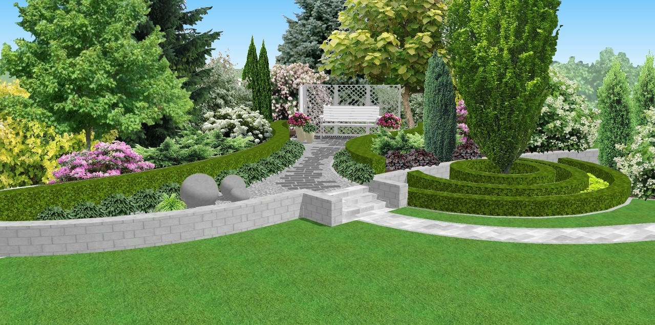 Wizualizacja ogrodu z krętymi żywopłotami, kamienną ścieżką prowadzącą do białej ławki pod pergolą, zróżnicowaną roślinnością i dwoma szarymi kulami dekoracyjnymi.