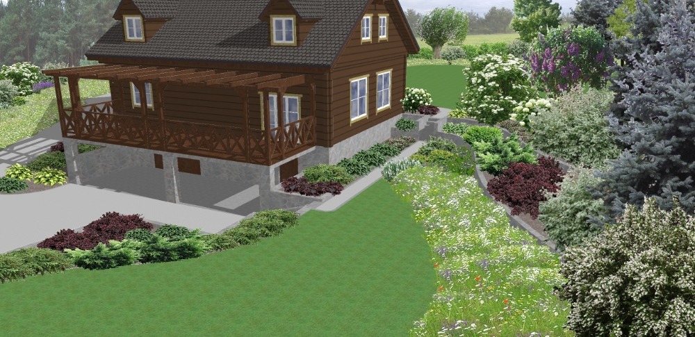 Wizualizacja 3D zagospodarowania terenu wokół domu z drewnianą elewacją, ukazująca różnorodne nasadzenia roślin ozdobnych wzdłuż ścieżki i na skarpie, z widoczną pergolą przy budynku.